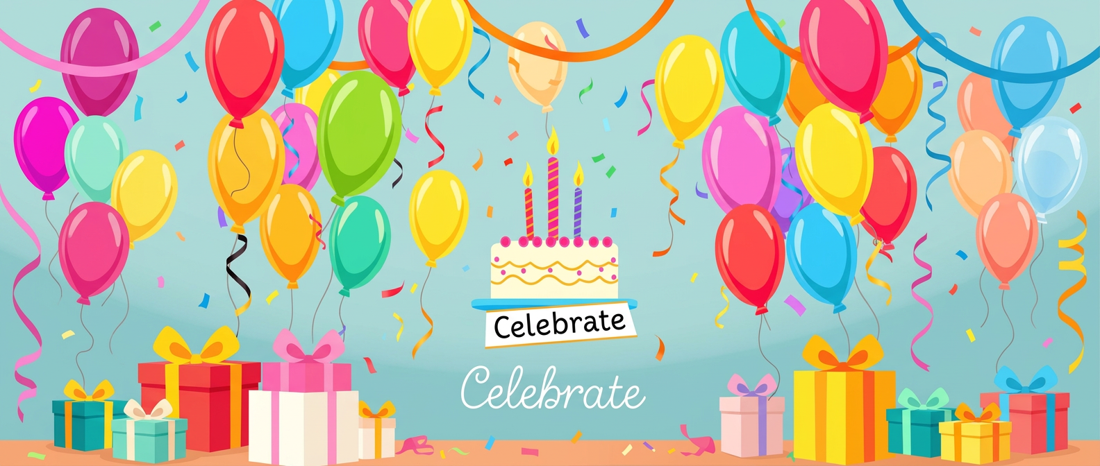 Colorful illustration of a birthday celebration with balloons, cake, and gifts